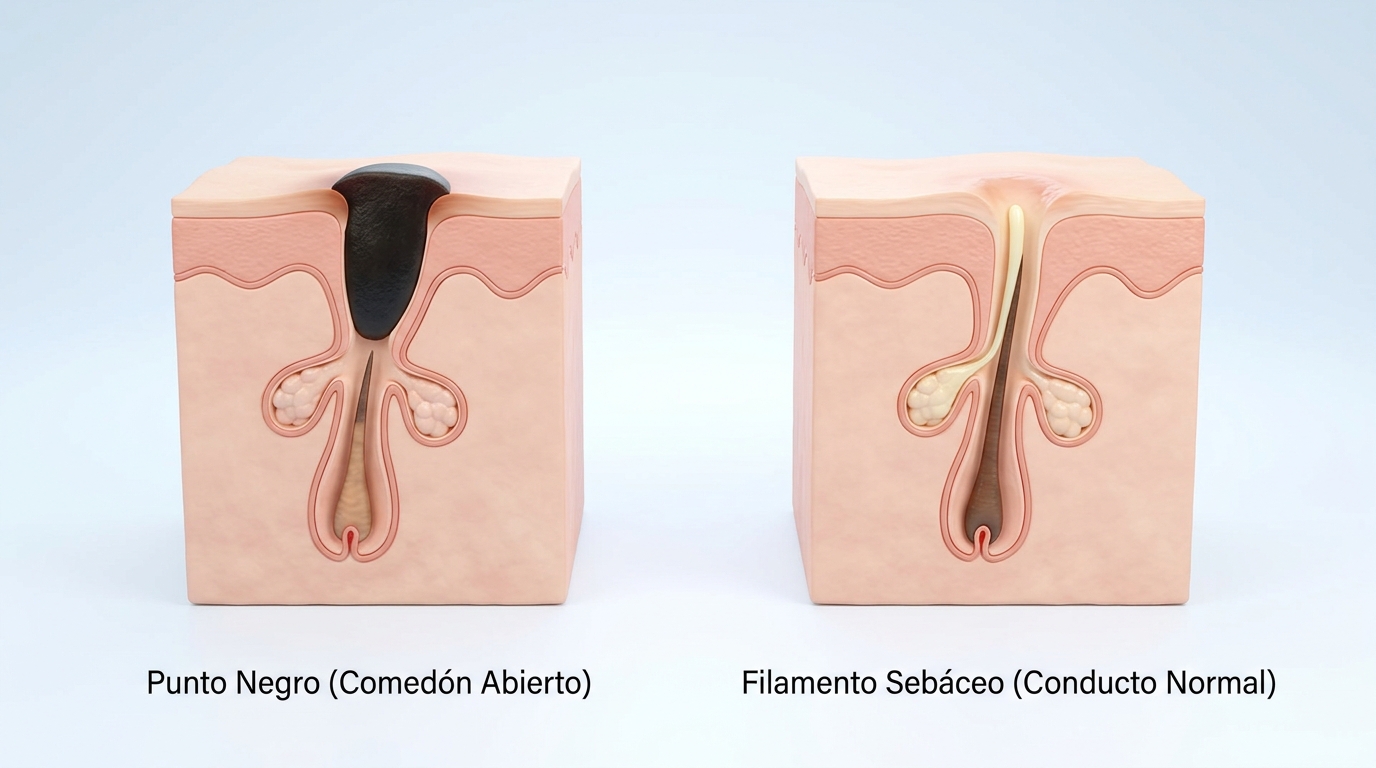 Diagrama 3D minimalista comparando punto negro comedon abierto vs filamento sebaceo