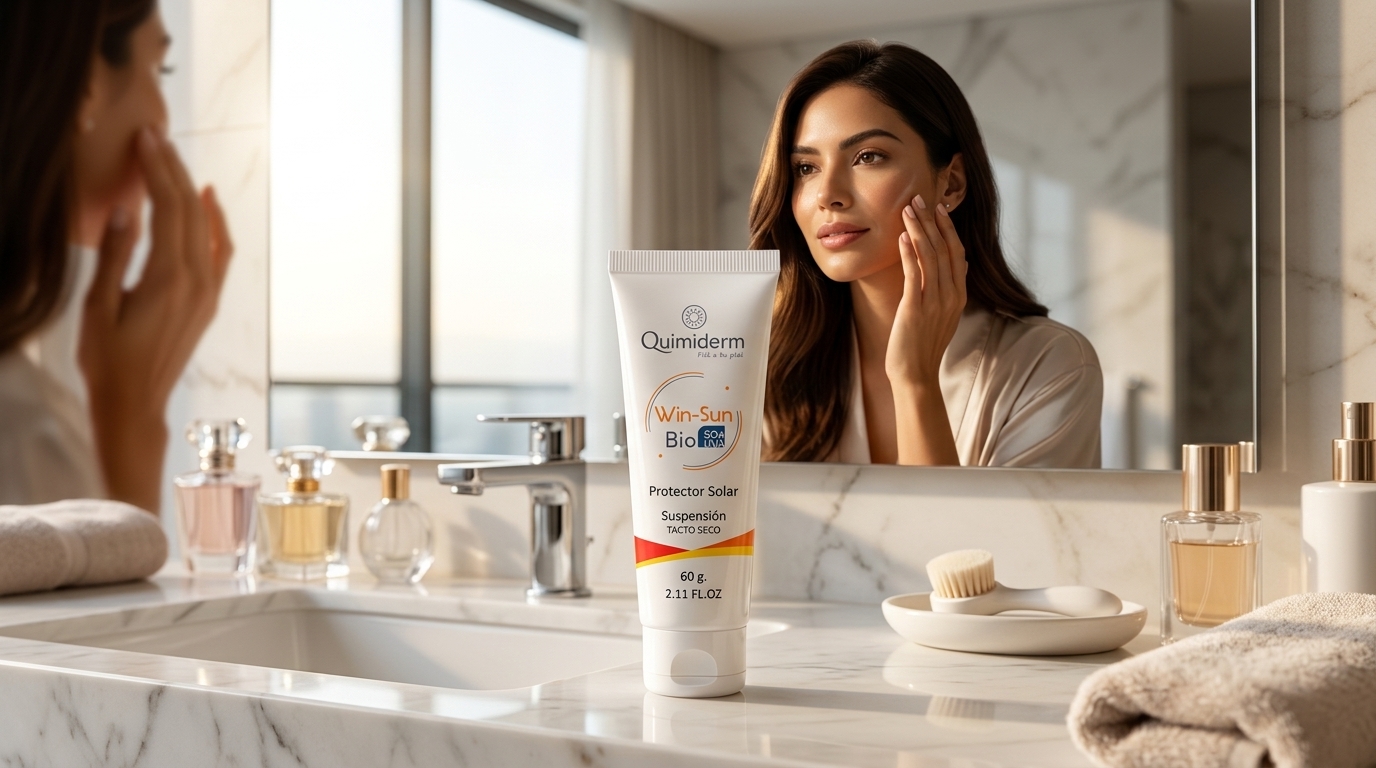 Modelo colombiana frente a espejo de baño con WinSun Bio tapa blanca